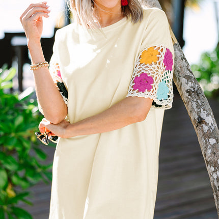 White Floral Crochet Splicing Sleeve T Shirt Dress