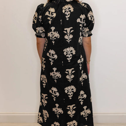 Black Floral Print Frilled Collar Short Puff Sleeve Maxi Dress