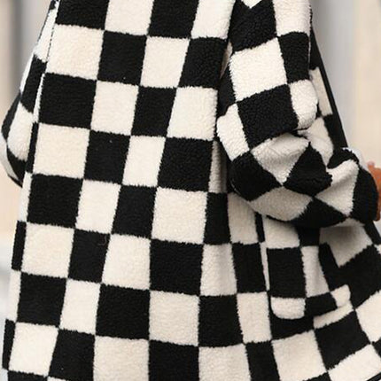 Black Checkered Side Pockets Collared Buttoned Fleece Jacket