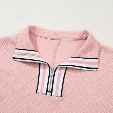 Light Pink Contrast Striped Collar Patchwork Textured Half Sleeve Blouse