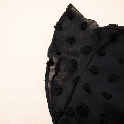 Black Dotty Textured Notched Neck Plus Ruffled Dress