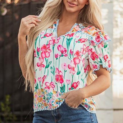 Pink Floral Print Striped Detail Split Neck Short Sleeve Blouse