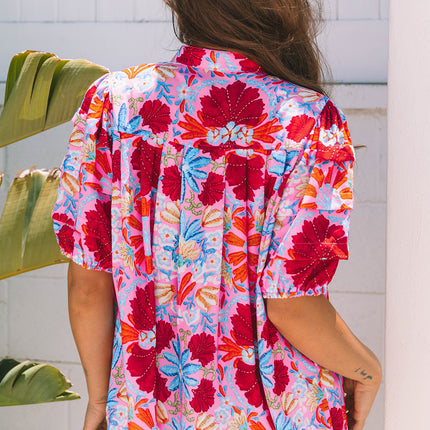 Pink Floral Print Bubble Sleeve Button Up Pleated Shirt