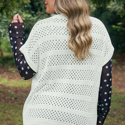 White Plus Size Eyelet Hollow Out Knit Ribbed Trim Short Sleeve Dolman Sweater