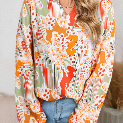 Orange Printed Split V Neck Puff Sleeve Blouse