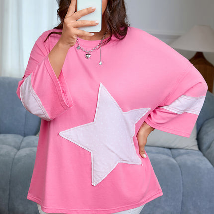 Pink Star Patched Colorblock Raw Edge Bracelet Sleeve Plus Size Loose Tee