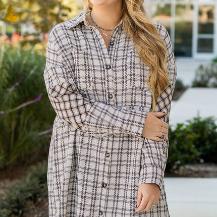 White Stripe Plus Size Plaid Buttoned Raw Hem Tunic Shirt Dress