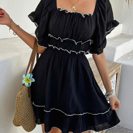 Womens French-style Square-neck Ruffled Short-sleeve Dress
