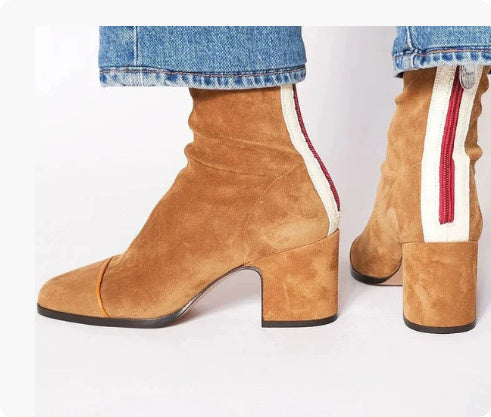 High Heel Square Toe Large Size Suede Color Matching Low-cut Martin Boots