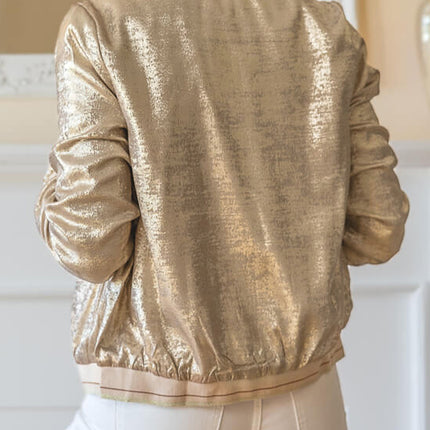Pale Khaki Metallic Zip up Baseball Jacket