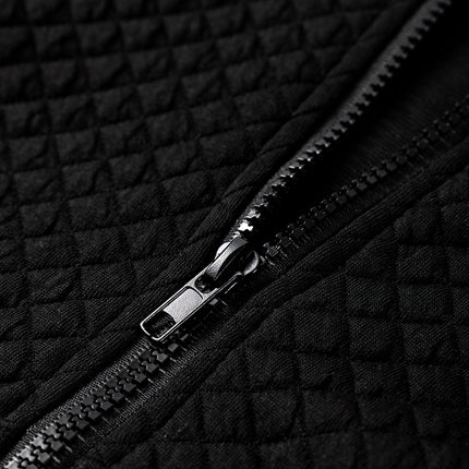 Black Quilted Side Pockets Zipper Hooded Jacket