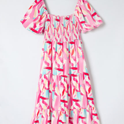Pink Brush Stroke Printed Smocked Ruffle Tiered Dress