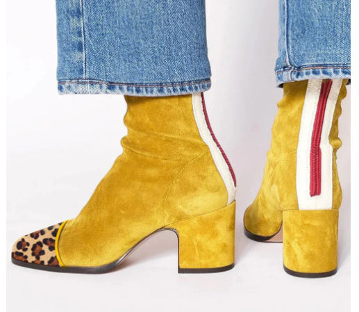 High Heel Square Toe Large Size Suede Color Matching Low-cut Martin Boots