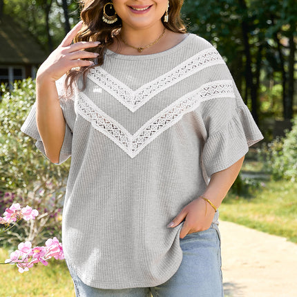 Light Grey Lace Insert Waffle Ruffle Short Sleeve Plus Size Top