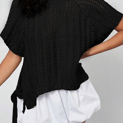 Apricot Plus Size Open Knit Bow Tie Short Sleeve Sweater