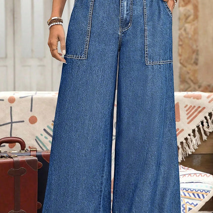 Sail Blue Plus Size Elastic Waist Ruffled Wide Leg Denim Pants
