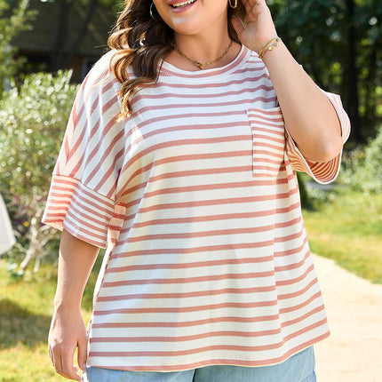 Pink Stripe Waffle Knit Pocketed Half Sleeve Plus Size T Shirt