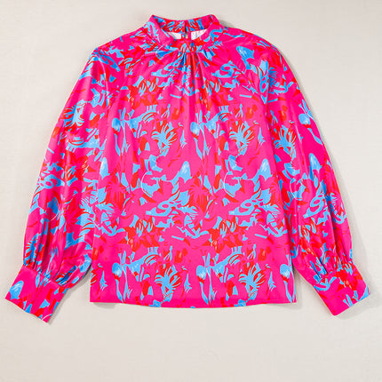 Purple Printed Bubble Sleeve Mock Neck Blouse