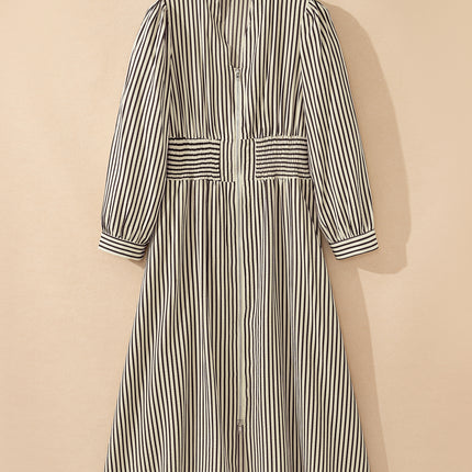 Black Stripe V Neck Zip Front Cinched High Waist Midi Dress