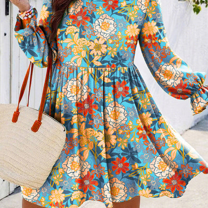 Blue Plus Size Floral Ruffled Long Sleeve Flowy Mini Dress