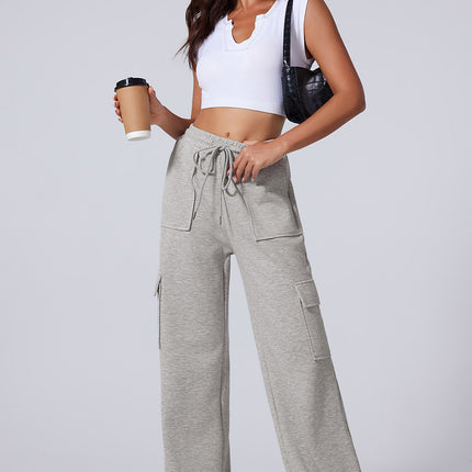 Light Grey Multi Pockets Lace-up High Waist Wide Leg Workout Pants