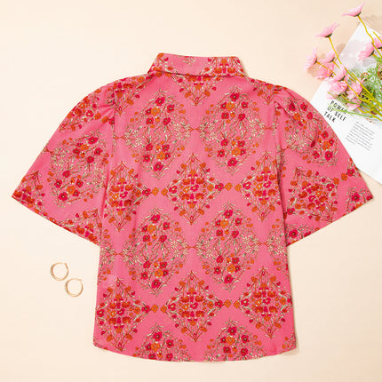 Rose Red Floral Print Wide Short Sleeve Loose Shirt