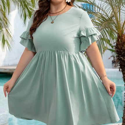 Grass Green Ruffle Trim Short Sleeve Plus Size Flared Mini Dress
