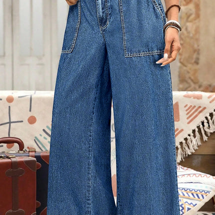 Sail Blue Plus Size Elastic Waist Ruffled Wide Leg Denim Pants