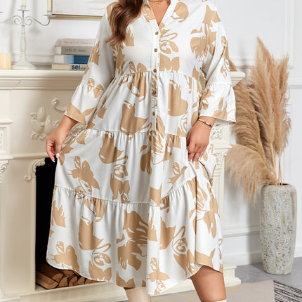 Khaki Patterned Ruffled Sleeve Half Placket Tiered A-line Plus Size Long Dress