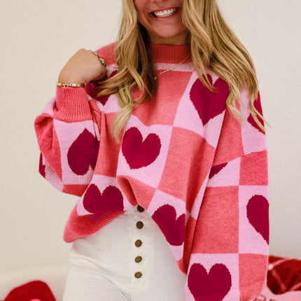 Pink Plus Size Love Heart Block Mock Neck Lantern Sleeve Valentine Sweater