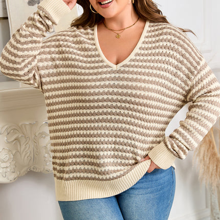Khaki Stripe Plus Size V Neck Drop Shoulder Sweater