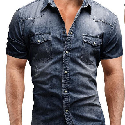 Casual Solid Color Men's Denim Short Sleeve Shirt