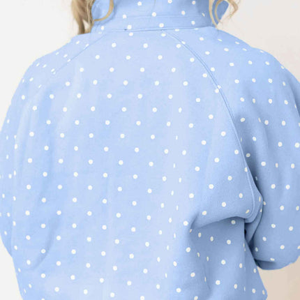 Sky Blue Polka Dot V Neck Metal Button Long Sleeve Shift Plus Size Sweatshirt