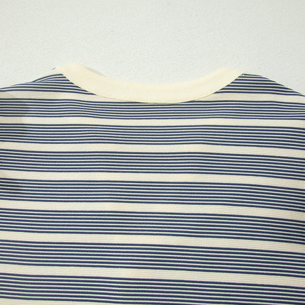 Blue Stripe Plus Size Contrast Trim Button V Neck Ruffle Sleeve Shift Dress