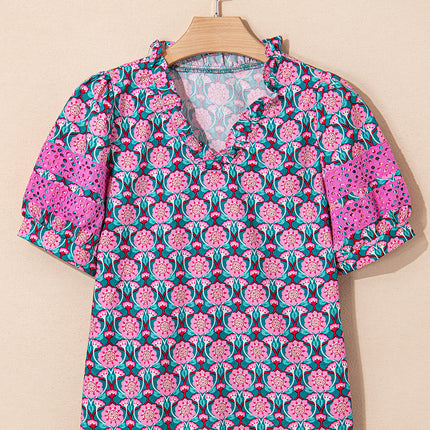 Sachet Pink V-Neck Ruffle Abstract Floral Print Puff Sleeve Top
