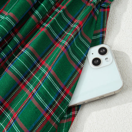 Green Tartan Plaid Square Neck Puff Sleeve Knot Waist Flared Midi Dress