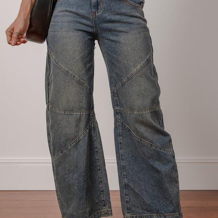 Sail Blue Exposed Stitching Loose Straight High Waist Jeans