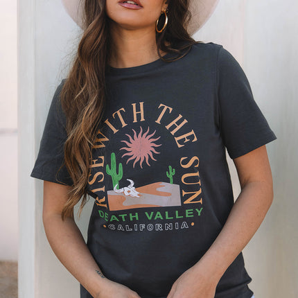 Dark Grey RISE WITH THE SUN Western Fashion Graphic Tee