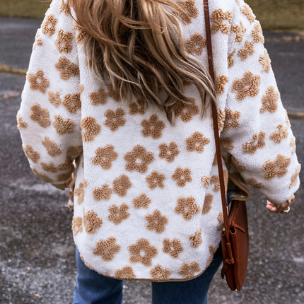 Light French Beige Cute Flower Pattern Button Up Fleece Jacket