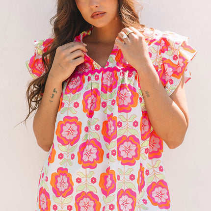 Rose Floral Ruffled Sleeve Ric-rac Trim Split Neck Loose Blouse