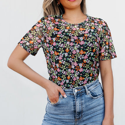 Black Sheer Floral Mesh Round Neck T Shirt