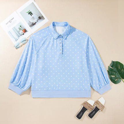 Sky Blue Polka Dot V Neck Metal Button Long Sleeve Shift Plus Size Sweatshirt