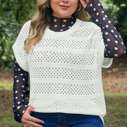 White Plus Size Eyelet Hollow Out Knit Ribbed Trim Short Sleeve Dolman Sweater