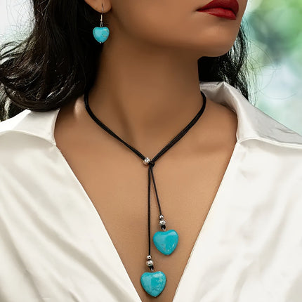 Leather Choker Long Necklace And Earrings Set For Women