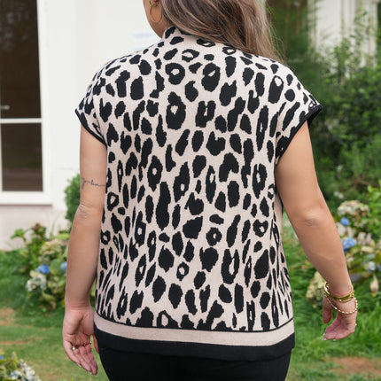 Black Plus Size Leopard Print High Neck Short Sleeve Sweater