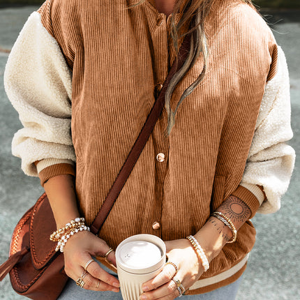 Buckskin Corduroy Fleece Patchwork Buttoned Bomber Jacket