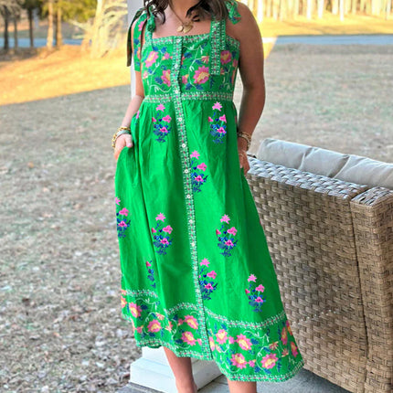 Green Floral Print Contrast Trim Knotted Straps Midi Dress