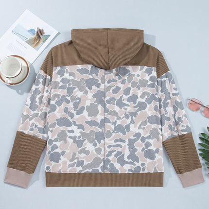 Khaki Camouflage Print Waffle Knit Patchwork Half Zip Plus Size Hoodie