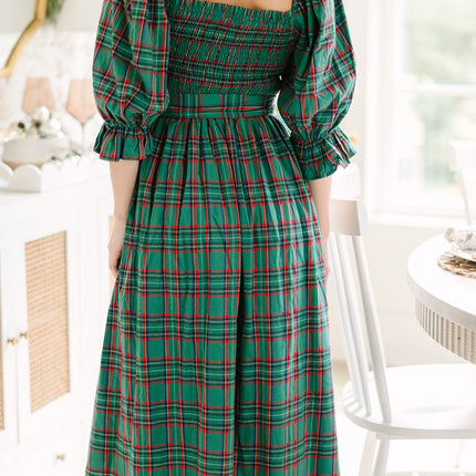 Green Tartan Plaid Square Neck Puff Sleeve Knot Waist Flared Midi Dress