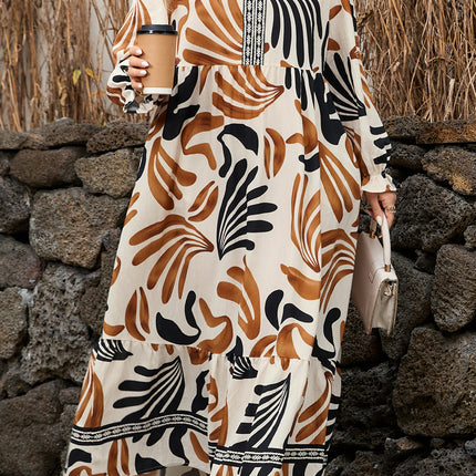 White Plus Size Abstract Print Contrast Collar Split Neck Shift Long Dress